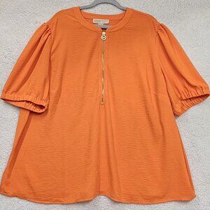 Michael Kors Women’s 3X Orange Puff Sleeve Blouse Gold Zip MK Logo Textured Top